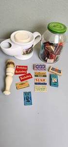 lot 183 image: Vintage Shaving Cup with Brush and Soap Set and Jar of Collectible Razors Blades