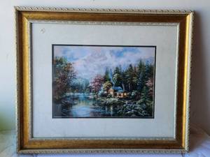 lot 79 image: Framed and matted cabin in the woods artwork -  20 x 24