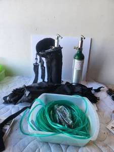 lot 140 image: Selection of home use oxygen tanks (1 seems full) and accessories