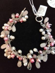 lot 116 image: Sterling Silver charity, Pink Pearl and faceted Rose Quartz bracelets with Fight Breast Cancer pink charm. Has 925 metal hang tag. 7.5L Toggle clasp
