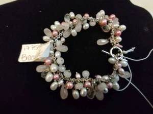 lot 117 image: Sterling Silver charity, Pink Pearl and faceted Rose Quartz bracelets with Fight Breast Cancer pink charm. Has 925 metal hang tag. 7.5L Toggle clasp