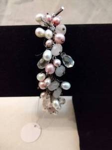 lot 118 image: Sterling Silver charity, Pink Pearl and faceted Rose Quartz bracelets with Fight Breast Cancer pink charm. Has 925 metal hang tag. 7.5L Toggle clasp