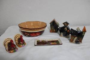 lot 162 image: Home Dcor Ceramic Halloween Votive Holders, Turkey Salt and Pepper Shakers, Bella Casa Bowl and Plate
