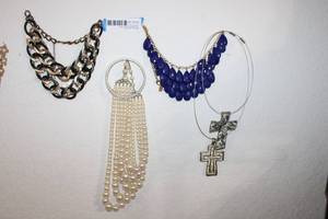 lot 155 image: Fashion Jewelry Multi-strand Pearl Necklace, Blue 3-Layered Necklace, Cross Pendants, and Black and Gold Chain Necklace