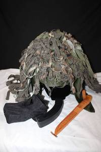 lot 185 image: Ghillie Camo Hat marked 1963 CBV, Fishing Knife with Leather Sheath, and (3) .22 Empty Magazines