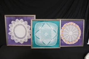 lot 194 image: Vintage and Antique Handcrafted Doilies - framed and signed descriptions by family -  as early as early 1900s