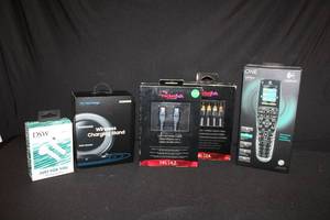 lot 206 image: Electronics Logitech Harmony Remote, AV Cables, Cat6 Network Cable, Samsung Wireless Charging Stand, Bluetooth Earbuds
