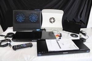 lot 207 image: Electronics Panasonic Blu-Ray Disc Player, Sony Blu-Ray Disc Player, Asus Router Model RT-AC68P, Plus Laptop Fans