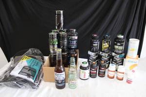 lot 204 image: Unopened Vitamins-Weight Loss and Health Related, Mesh Chair Back Support, Unopened Souvenir Corona Bottle (For Display Only), Dr.Pepper Bottle