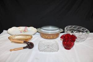 lot 212 image: Dishes Red Hobnail Vase, Handheld Juicer, Crystal Bowl, Vintage Pyrex Lidded Brown Dish with Gold Images