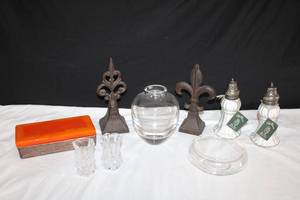lot 213 image: Pair of Dusting Silk with Silver Caps, Crystal Vases, Cast Iron Stands, Lead Crystal Toothpick Holders, Orange Glazed Trinket Box