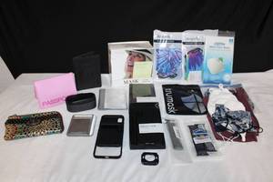 lot 163 image: Passport Wallets - some are RFID, (2) Photo Cases for iPhone X, Several Face Masks (some are unopened) and Face Shield Mask NIB