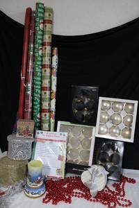 lot 226 image: Christmas Wrapping Paper, Black and White Ornaments, and Red Beaded Garland