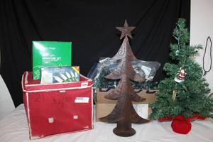 lot 228 image: Christmas Lights, Outdoor Light Holders, Red Ornaments with Storage Box PLUS Mini Christmas Tree and Metal Tree Dcor