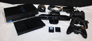 lot 236 image: Playstation 2 System, Kinect Xbox 360, memory cards and controllers