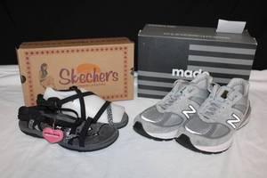 lot 242 image: (2) Womens and Mens Shoes Womens Skechers Black Sandals Size 9 never worn, Mens New Balance Running Shoes Size 9 lightly used Like New