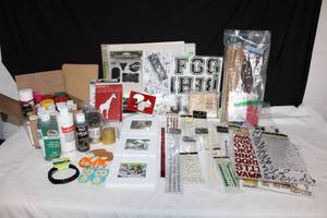 lot 245 image: Craft Lot Paints, Stencils, Letters, Gemstone and pearl stickers and 3x3 3-part Wood Frame