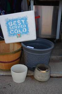 lot 333 image: Planters, Bushel Basket, and Styrofoam Cooler