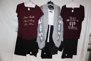 lot 348 image: Womens Clothes Black Pants, Burgundy Tops and Black and White Sweater