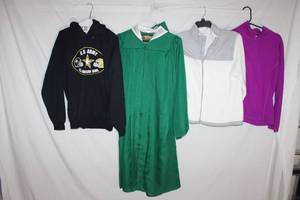 lot 355 image: Clothes Graduation Cap and Gown, Army Hoodie, White and Fuschia Jackets, see pictures for sizes