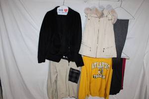 lot 356 image: Clothes Jackets (Includes Sleeveless Puffy Lined Jacket), Atlantic Hoodie, and Workout Pants