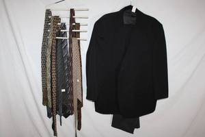 lot 357 image: Mens Black Jacket Size 48 and Pant Suit Size 46x30 and Tie Collection, see pictures