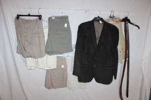 lot 358 image: Mens Brown Sport Jacket Chaps Size 40, (2) Tommy Bahama Kahki Pants Size 40, (2) Leather Belts, and Casual Shorts