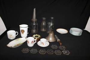 lot 300 image: Vintage and Antique Items Mason Jar with Motor Oil Spout, Metal Measuring cup and more