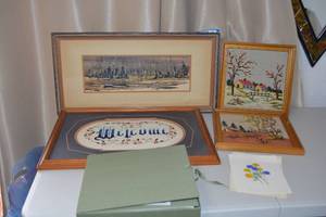 lot 291 image: Artwork Watercolor by Terry Maxwell, Flower Prints signed R. Tobey, and Embroidered Pieces