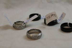 lot 44 image: (5) Tungsten Carbide rings. All marked. Sizes 8.5, 8.75, 9.5, 10, 11