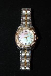 lot 406 image: Citizen Eco Drive watch with diamond surround and polished and matte two tone gold and silver link flex band. 18 diamonds on surround. Diamonds tested. Model E013-5066441