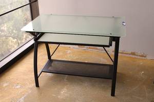 lot 22 image: Frosted Glass Top Desk with Keyboard Drawer 29.5x24x29tall