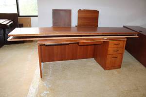 lot 44 image: Novikoff Desk, Lateral File Cabinet and Solid Pressed Board Pieces 9ft. Long - Could Be Repurposed for Excellent Work Bench