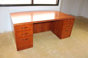 lot 47 image: Novikoff Cherry Colored Curved Front Office Desk with Dual Side Drawers
