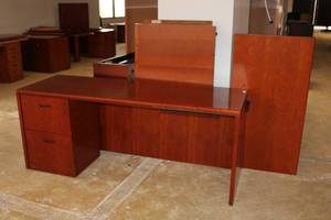 lot 57 image: Novikoff L-Shaped Cherry Colored Office Desk and Cabinets