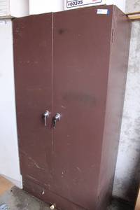 lot 66 image: Brown Metal 2-Door Storage Cabinet and Contents Pruning Seal, Paint, Oops Remover