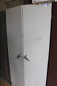 lot 67 image: White Metal 2-Door Storage Cabinet - CONTENTS SOLD SEPARATELY