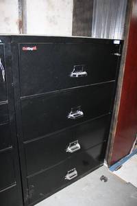 lot 72 image: Black Fire king 4-Drawer File Cabinet with Key - Fire and Impact Resistant