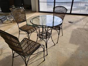 lot 4 image: Bamboo and Wrought Iron Bistro Set - Table and 3 Chairs