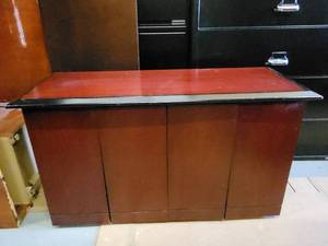 lot 71 image: Cherry Finish with Black Trim Storage Cabinets with Casters