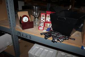 lot 330 image: Metal Bin, Poker Chips, Champagne Flutes, Desk Clock and Hawaii Book
