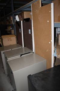 lot 352 image: Office Cubicle Pieces - Desks, File Cabinets, Lights - Large Amount