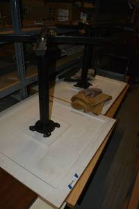 lot 422 image: 2 Laminate Solid Square Tables with Steel Pedestal