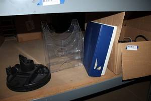 lot 313 image: Misc. Computer Speakers, Desk Organizer, Binders, Wires