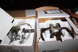 lot 441 image: 2 Boxes D-Locks 1-38 to 1-78 2 34 Backset, 2 48-100 C Sect.  AND 1 34 DR Passage Latch