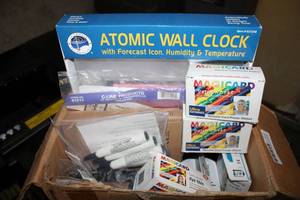 lot 488 image: Office Supplies Atomic Wall Clock, Card Printer Ribbon, Printer Toner and More