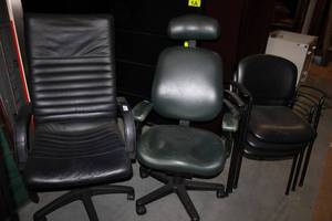 lot 104 image: Black Rolling Office Chair, Green Rolling Office Chair, and 3 Stackable Chairs