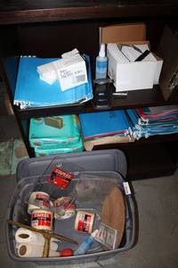 lot 580 image: Office Supplies Masking Tape, White Board Cleaner, Large amount of Hanging Folders and More