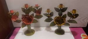 lot 90 image: 2 Vintage tin flower candle holders 11 tall