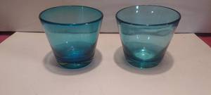 lot 97 image: 2 Vintage Teal Ocean Aqua Blue blown glass votive candle holder with Pontil marks